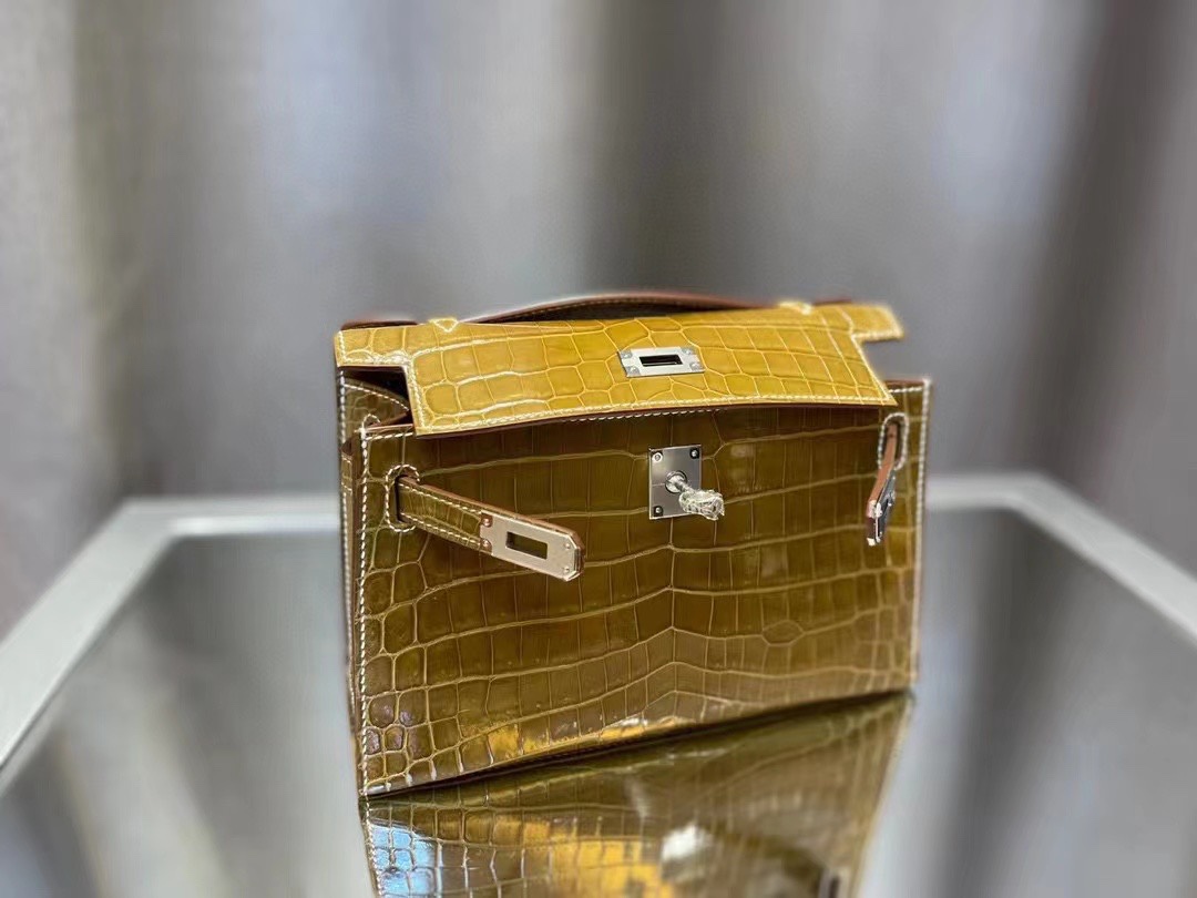 에르메스 켈리 포쉐트 브라운 금장 샤이니 악어가죽